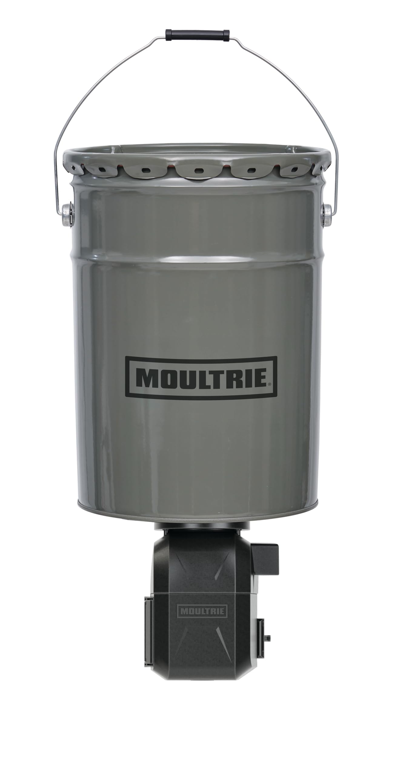 Front view of Moultrie 40lb directional hanging feeder with metal bucket and lid.