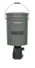 Front view of Moultrie 40lb directional hanging feeder with metal bucket and lid.