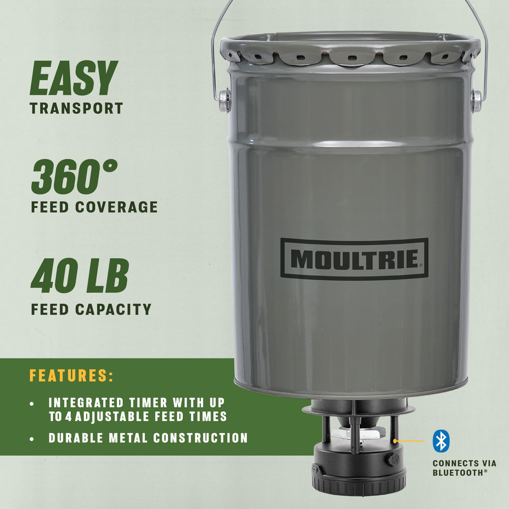 Close-up of metal hopper and lid on the feeder