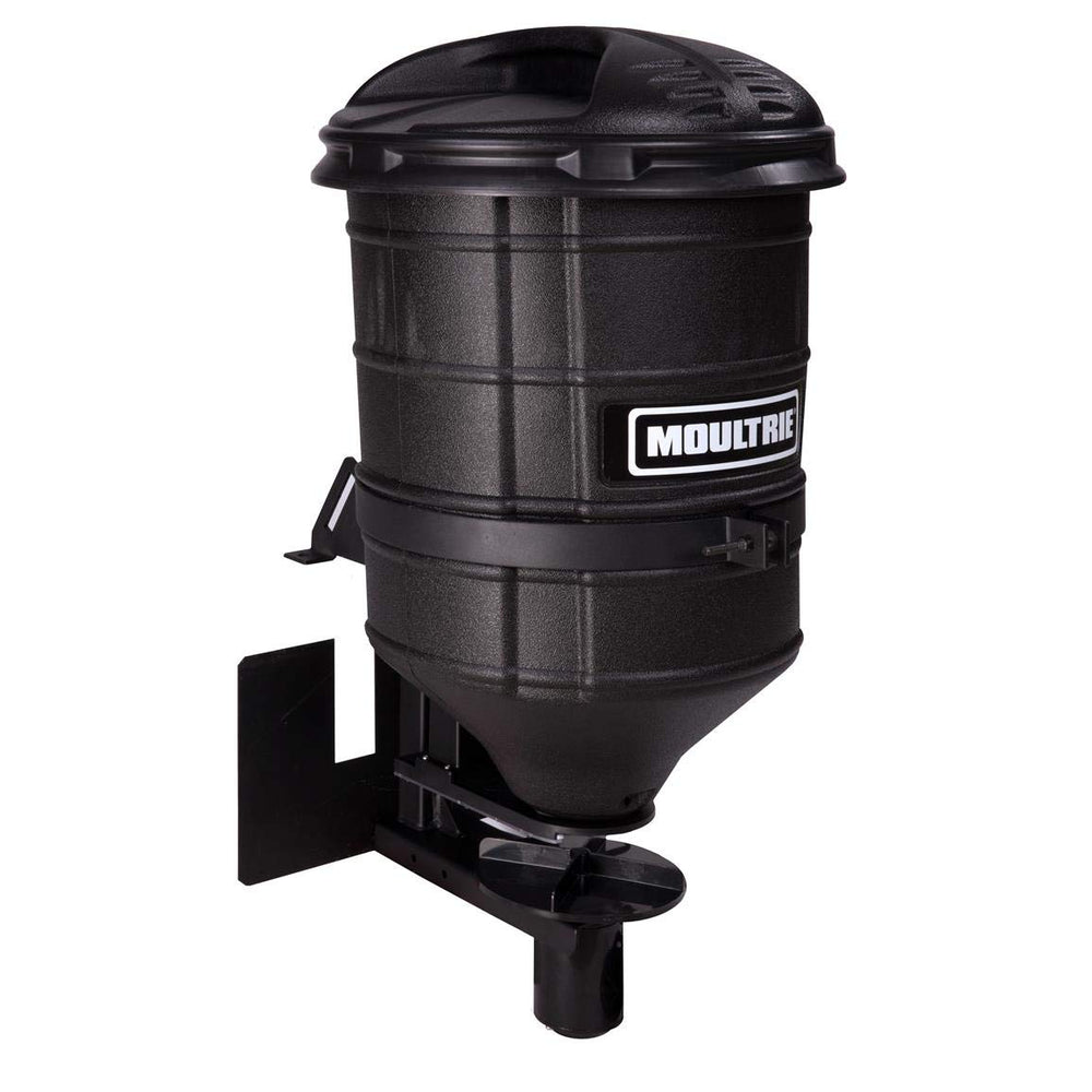 Moultrie ATV spreader hopper showing 100 lb capacity for efficient seed distribution