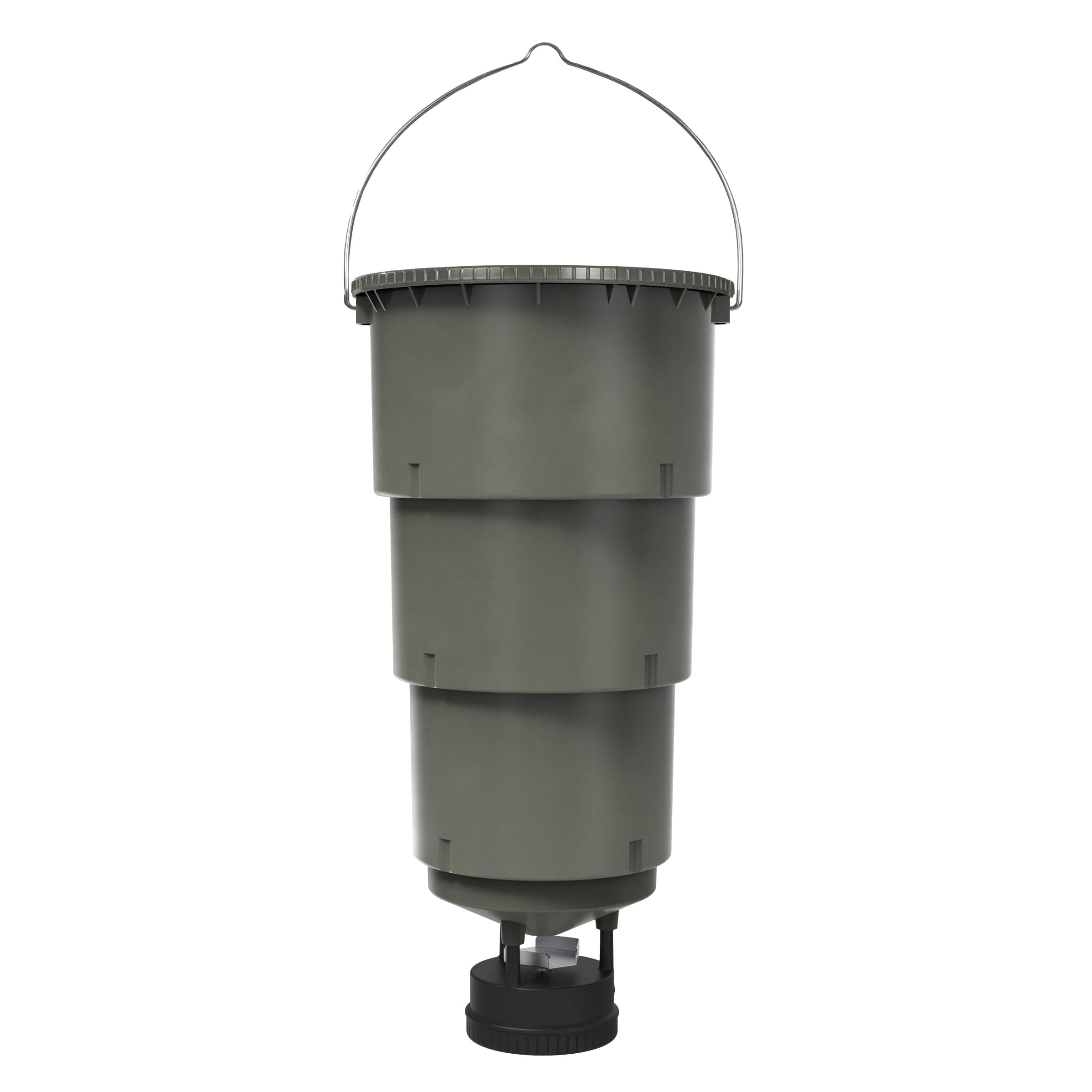 Moultrie hanging deer feeder with collapsible hopper for easy transport.