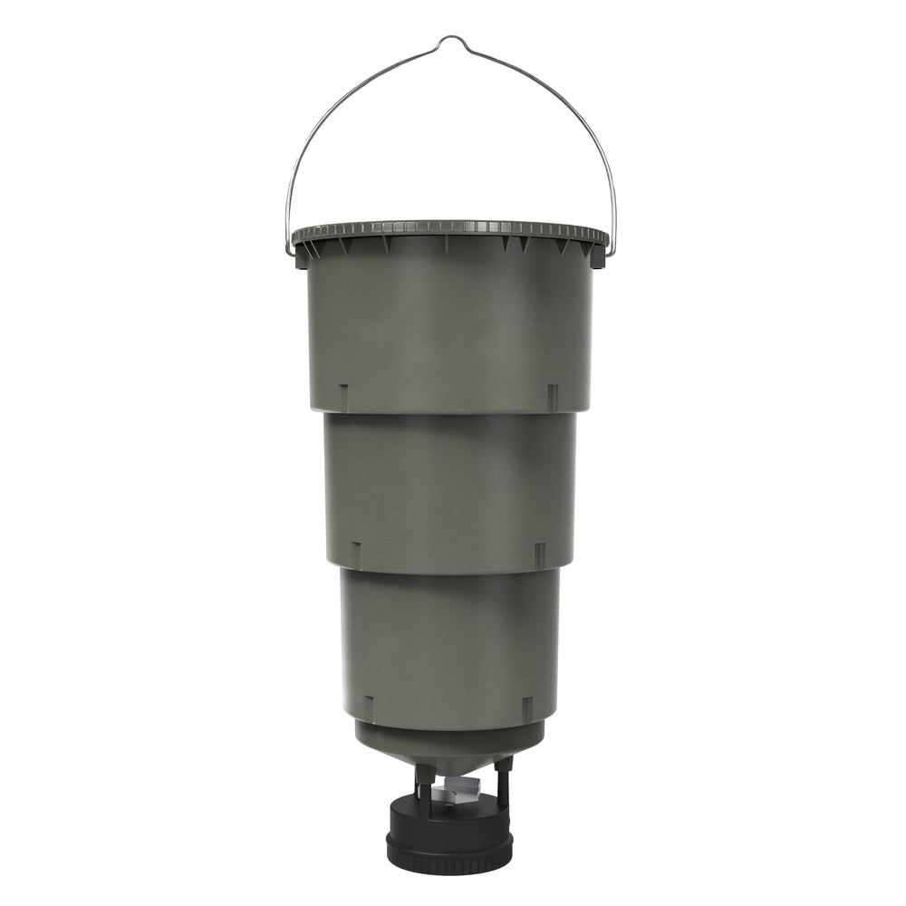 Moultrie hanging deer feeder with collapsible hopper for easy transport.