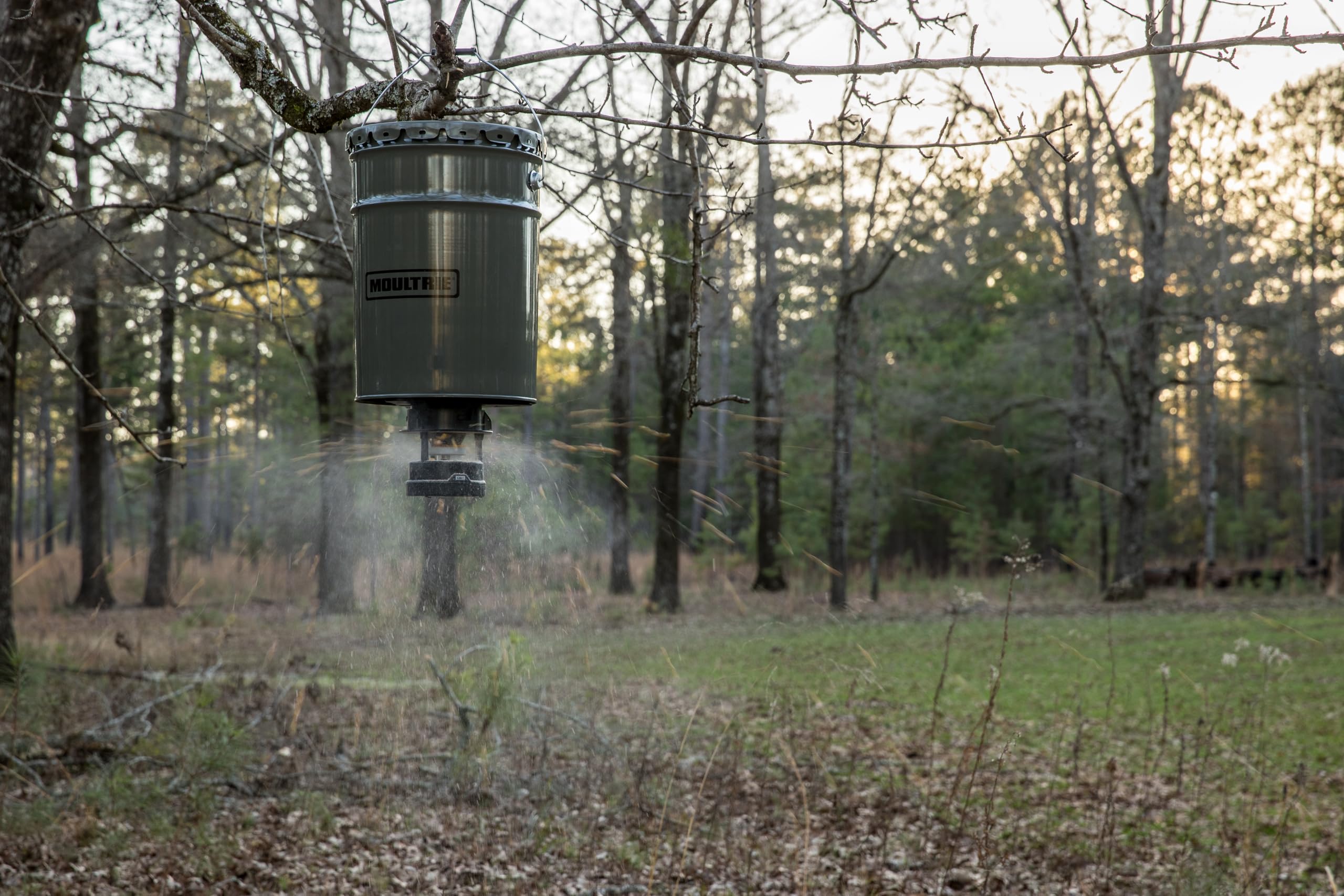 Moultrie metal hopper and lid offer durable weather resistance.