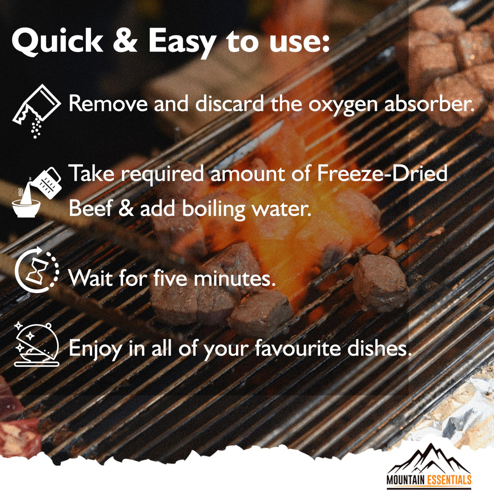 MOUNTAIN ESSENTIALS Freeze-Dried Beef Dices perfect for camping meals