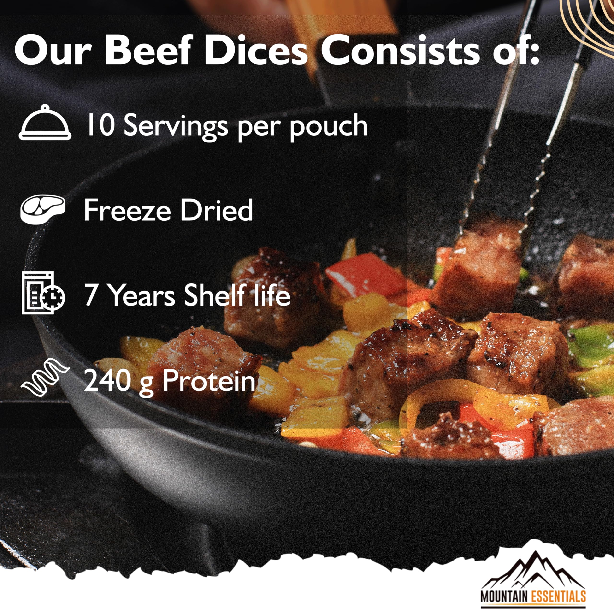 MOUNTAIN ESSENTIALS Freeze-Dried Beef Dices close-up texture ready for meals