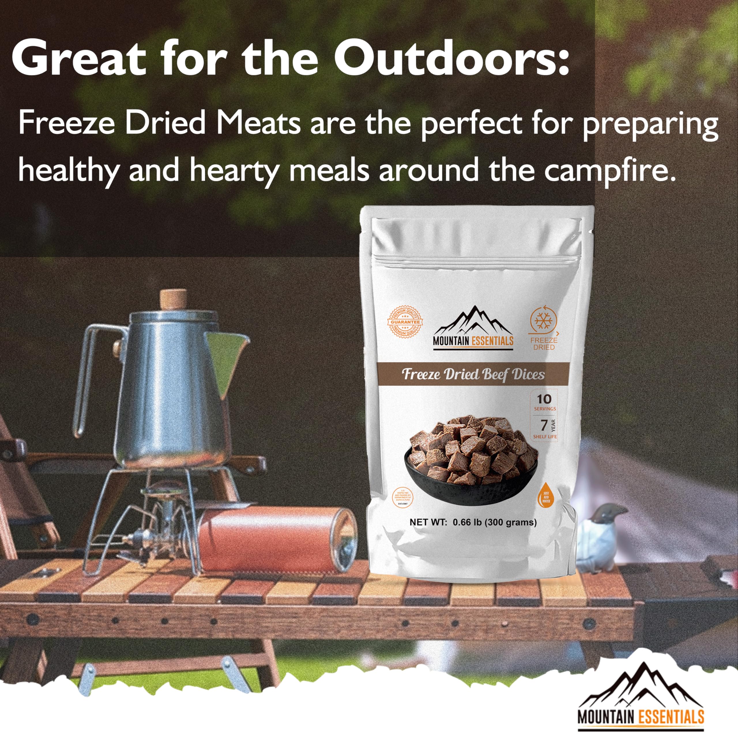 MOUNTAIN ESSENTIALS Freeze-Dried Beef Dices nutrition label overview
