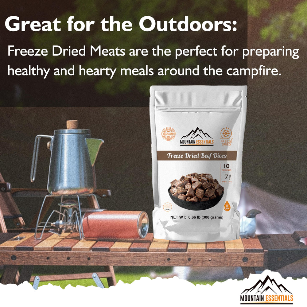 MOUNTAIN ESSENTIALS Freeze-Dried Beef Dices nutrition label overview