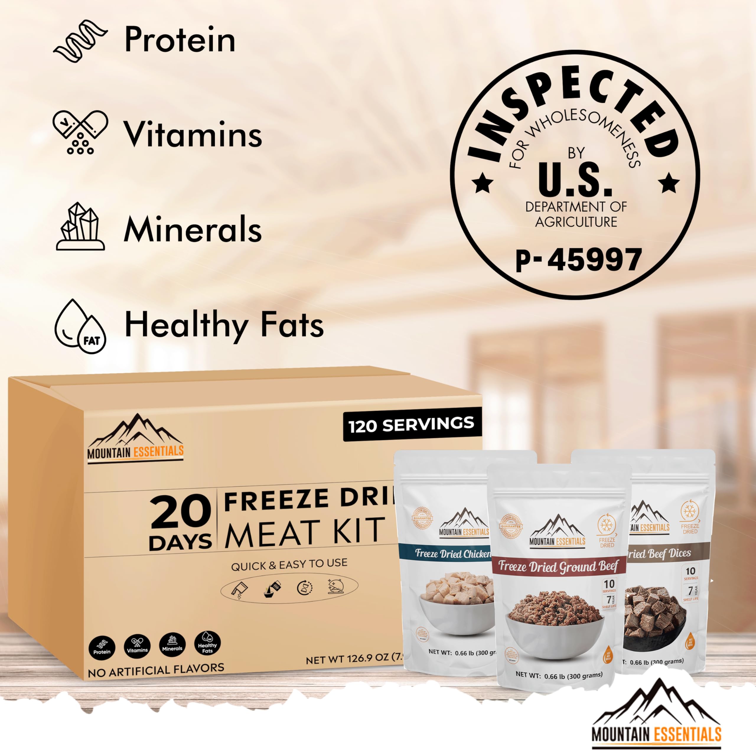 MOUNTAIN ESSENTIALS freeze-dried beef dices pouch front view for hearty trail meals.