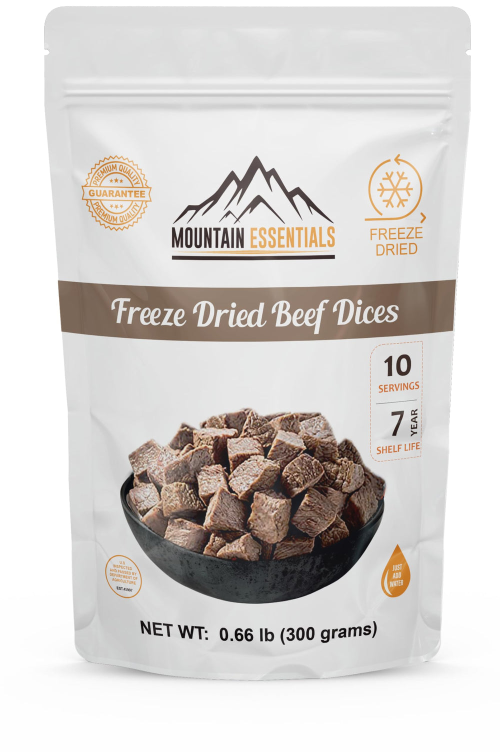 MOUNTAIN ESSENTIALS Freeze-Dried Beef Dices pouch front view for pantry storage