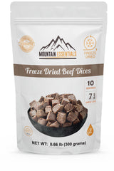 MOUNTAIN ESSENTIALS Freeze-Dried Beef Dices pouch front view for pantry storage