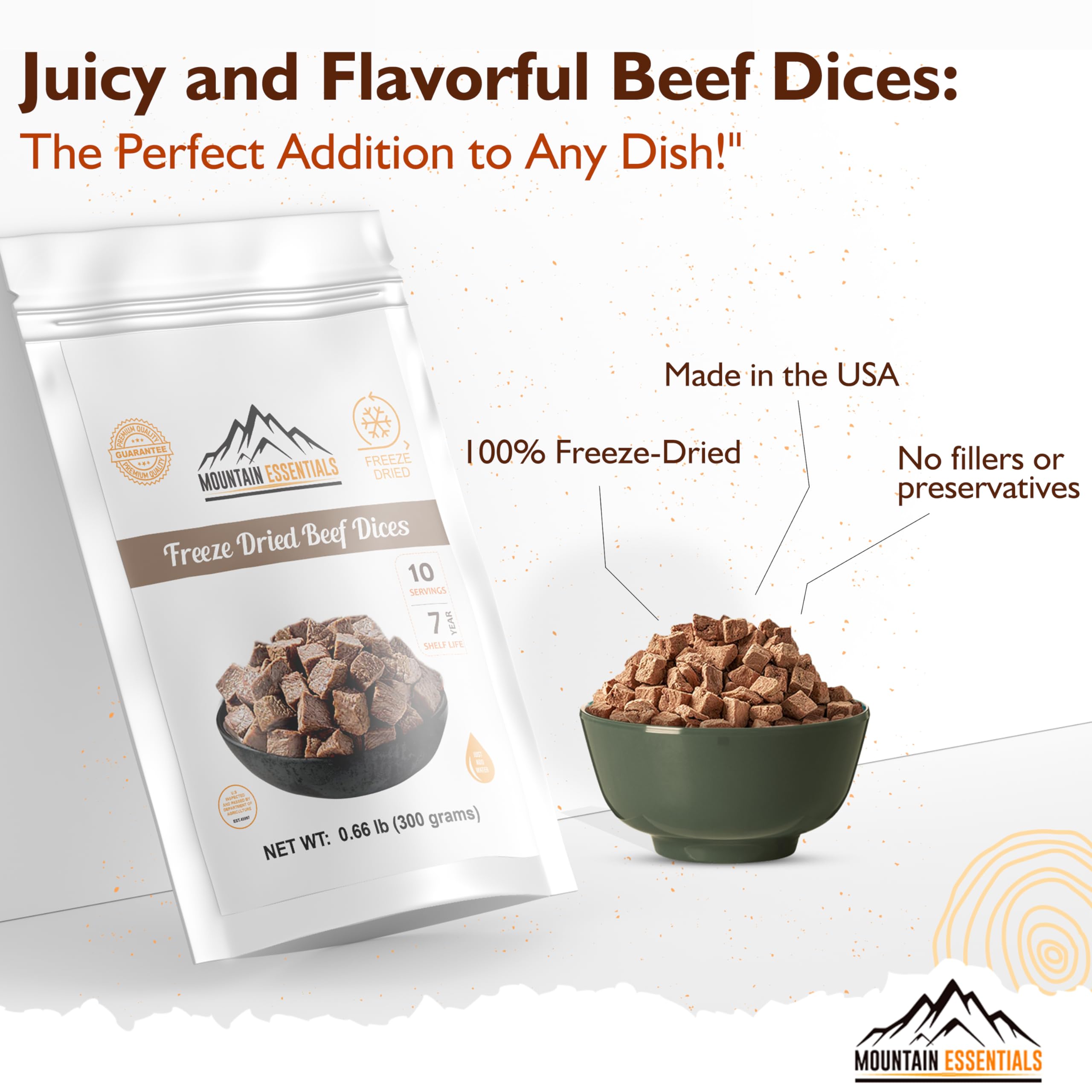 MOUNTAIN ESSENTIALS Freeze-Dried Beef Dices soaking in water for quick rehydration