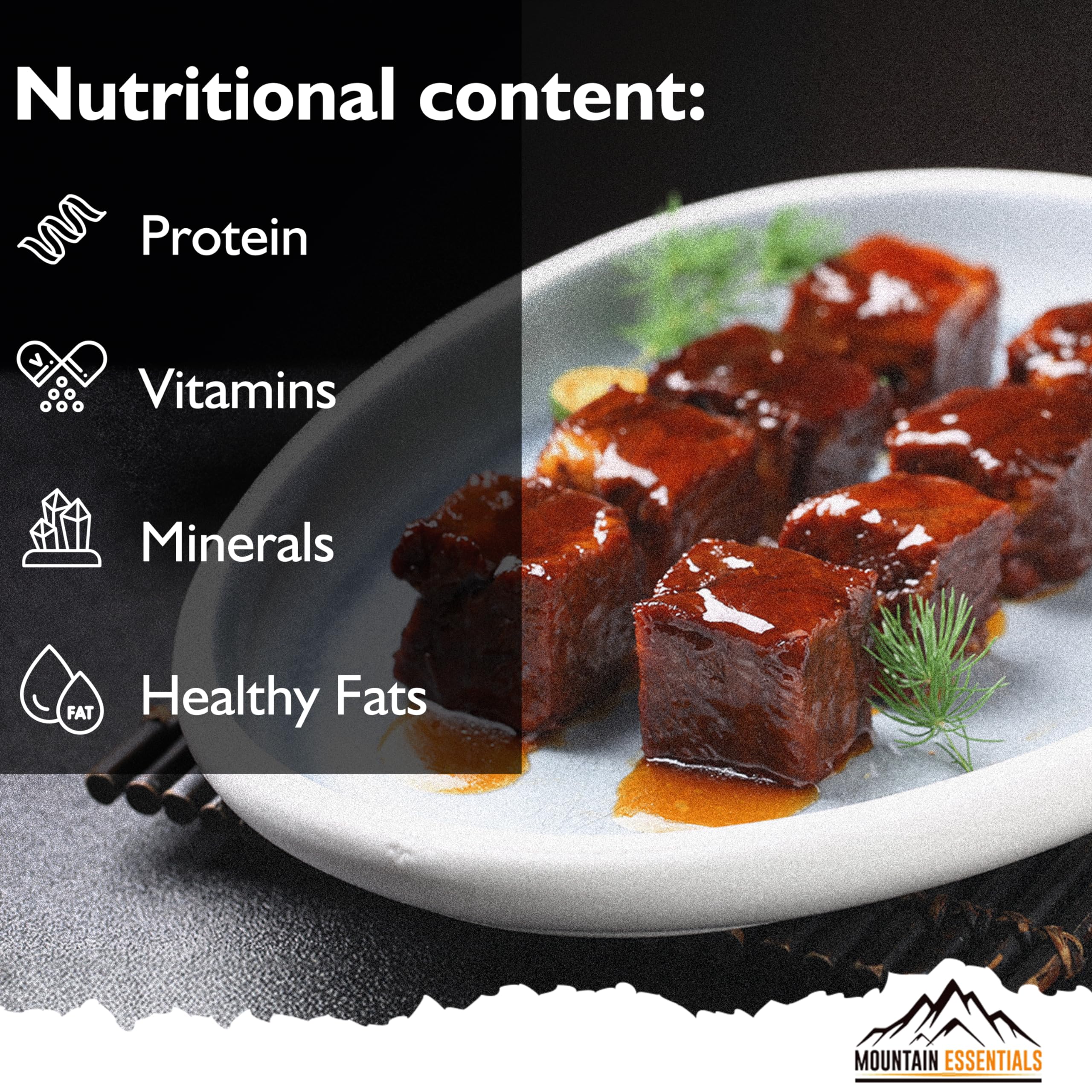 MOUNTAIN ESSENTIALS Freeze-Dried Beef Dices in a hearty stew
