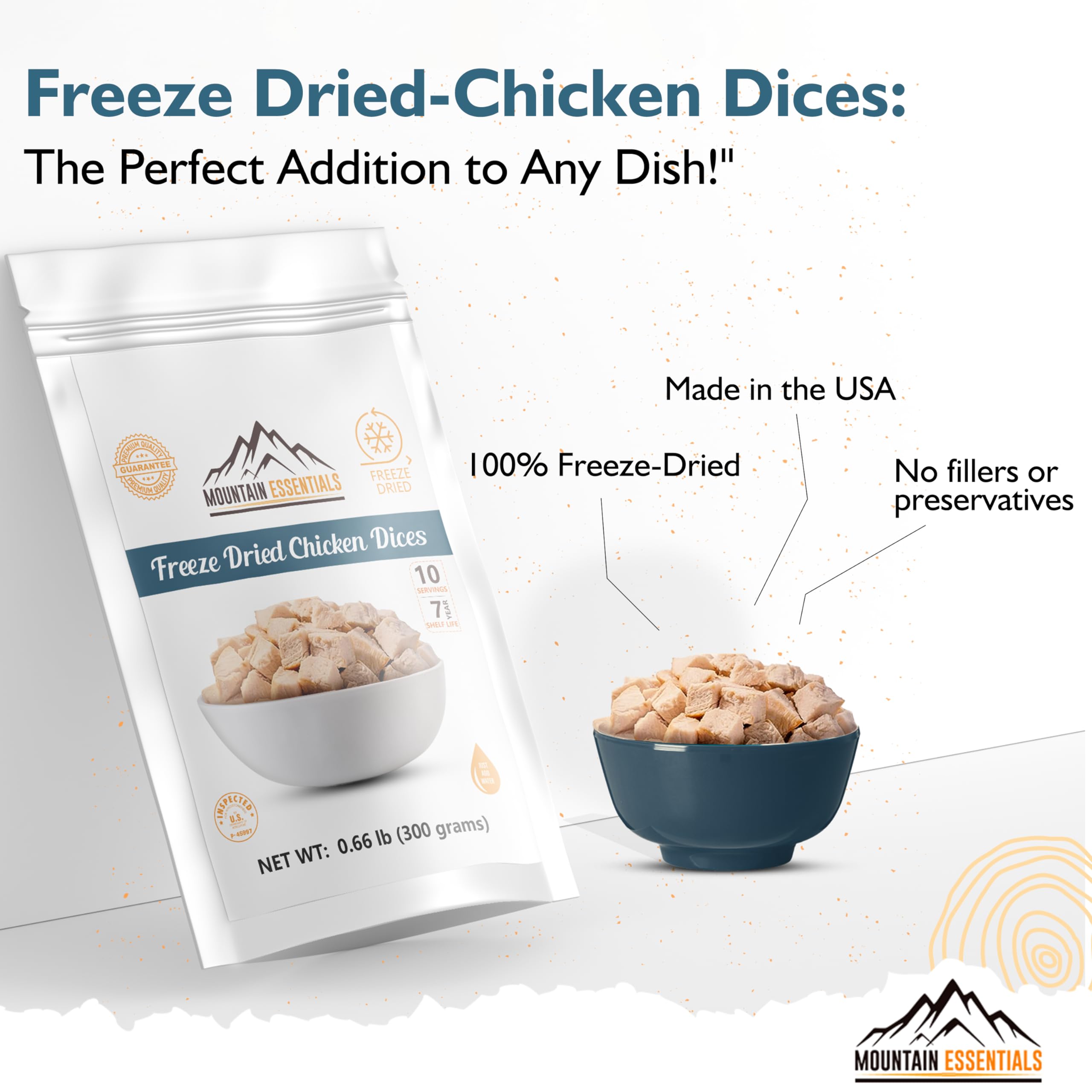 Mountain Essentials camp meal image shows outdoor, lightweight chicken option.