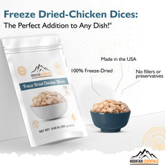 Mountain Essentials camp meal image shows outdoor, lightweight chicken option.
