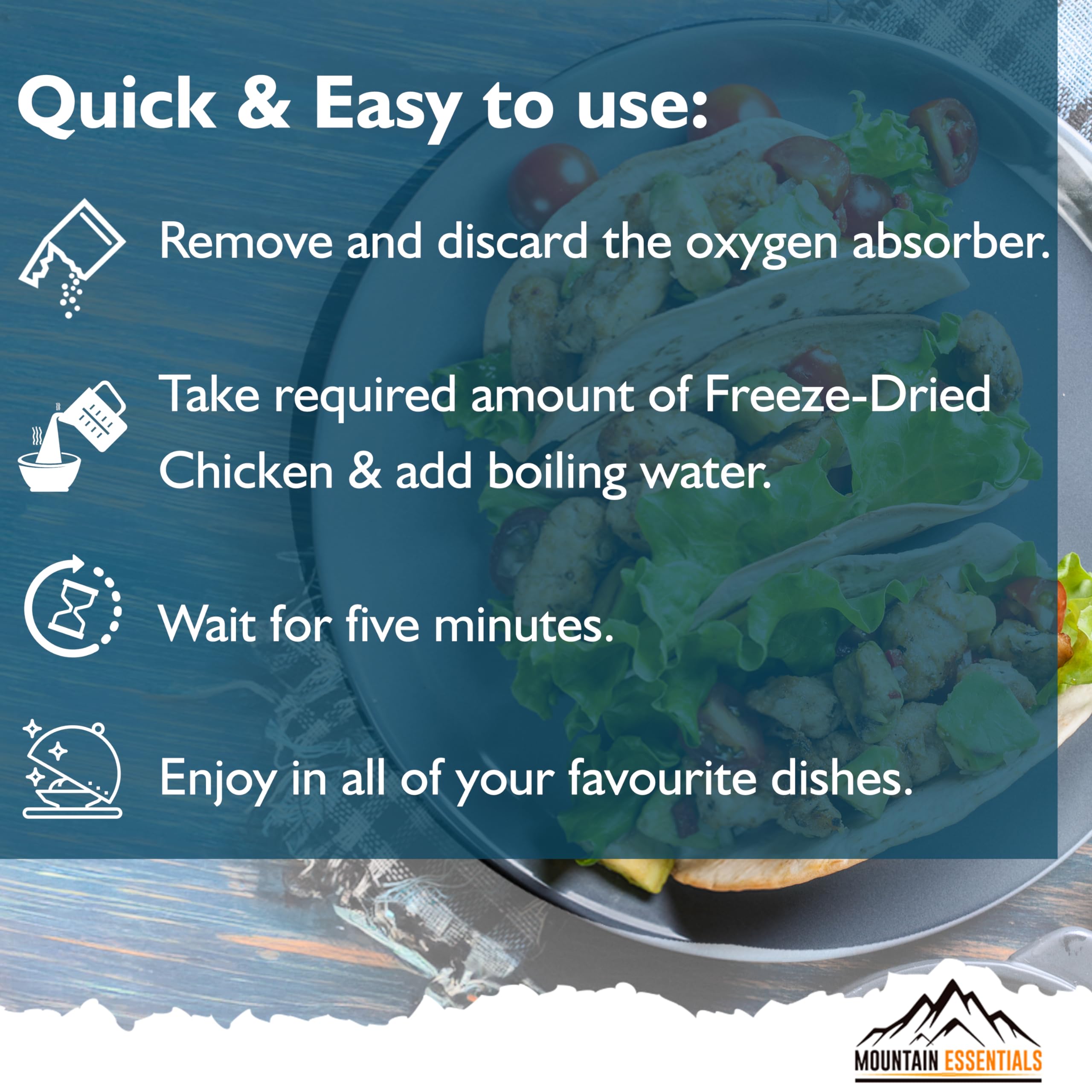 Mountain Essentials seven-year shelf life graphic indicates long-term storage reliability.
