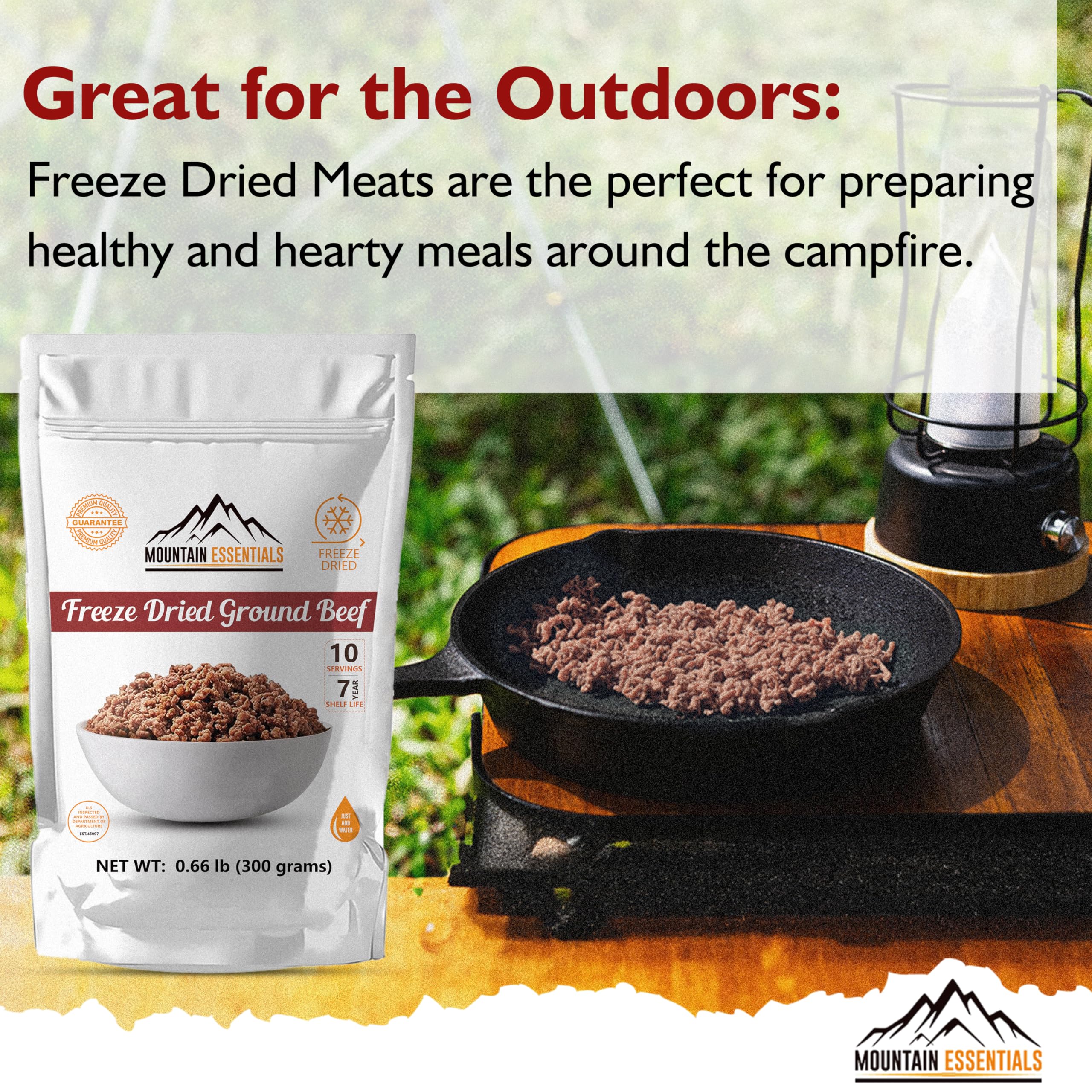 MOUNTAIN ESSENTIALS Freeze-Dried Ground Beef in emergency storage for dependable, lightweight protein.