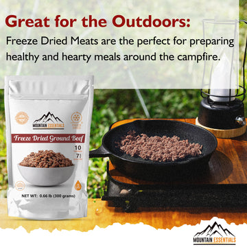 MOUNTAIN ESSENTIALS Freeze-Dried Ground Beef in emergency storage for dependable, lightweight protein.