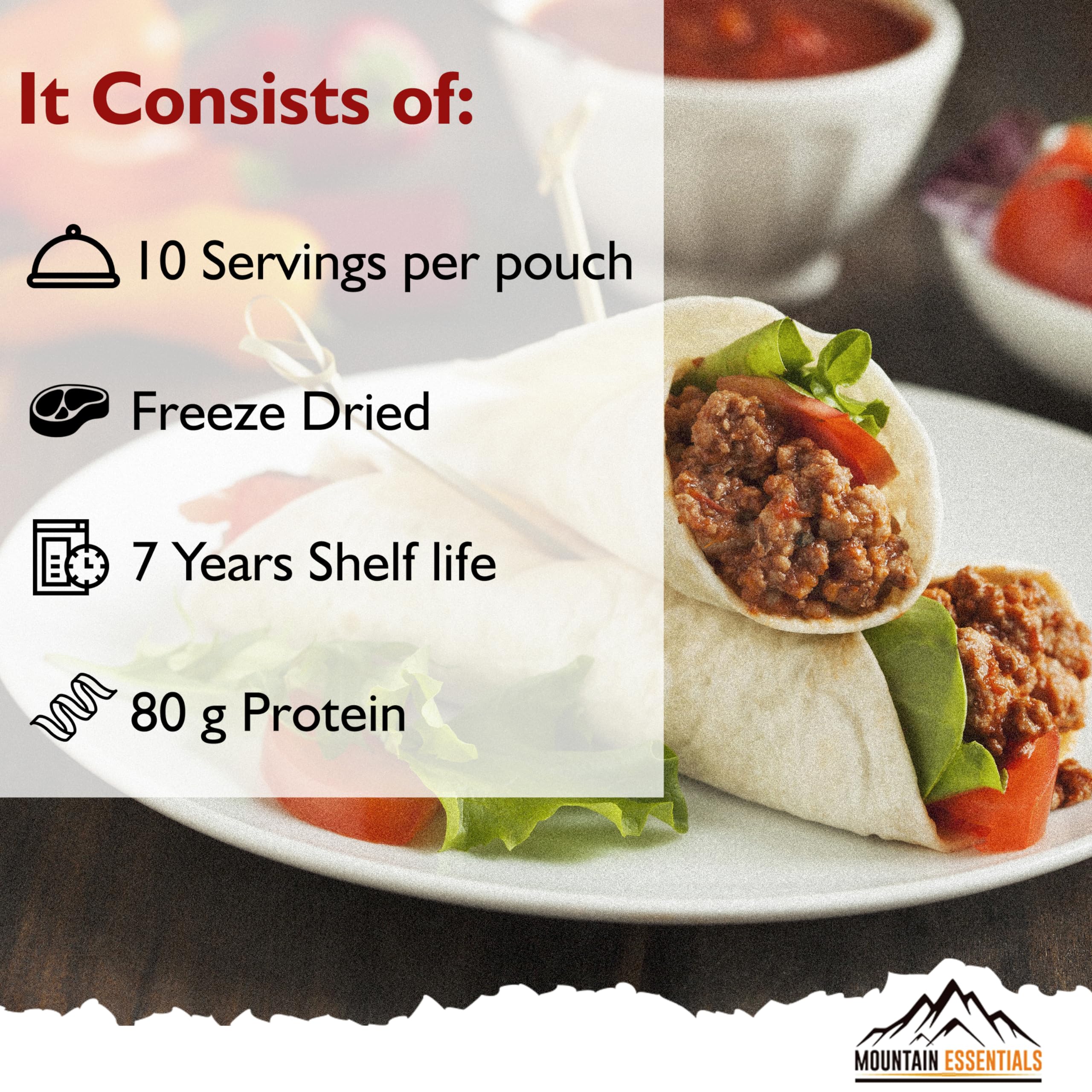 MOUNTAIN ESSENTIALS Freeze-Dried Ground Beef added to chili for hearty flavor with easy prep.