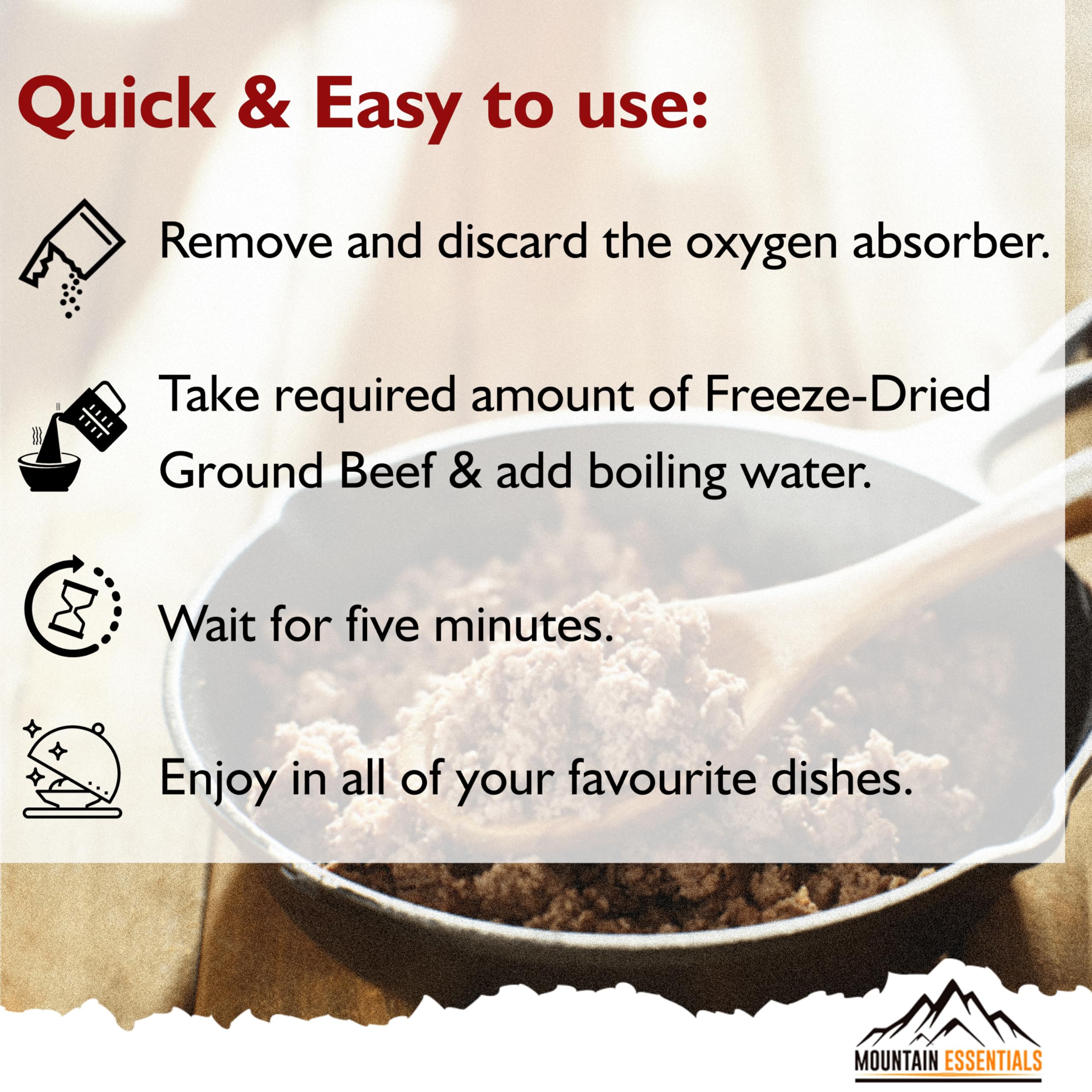 MOUNTAIN ESSENTIALS Freeze-Dried Ground Beef packaging showcases a 7-year shelf life.