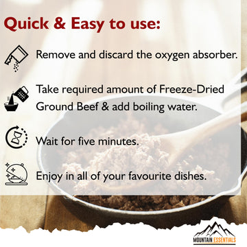 MOUNTAIN ESSENTIALS Freeze-Dried Ground Beef packaging showcases a 7-year shelf life.