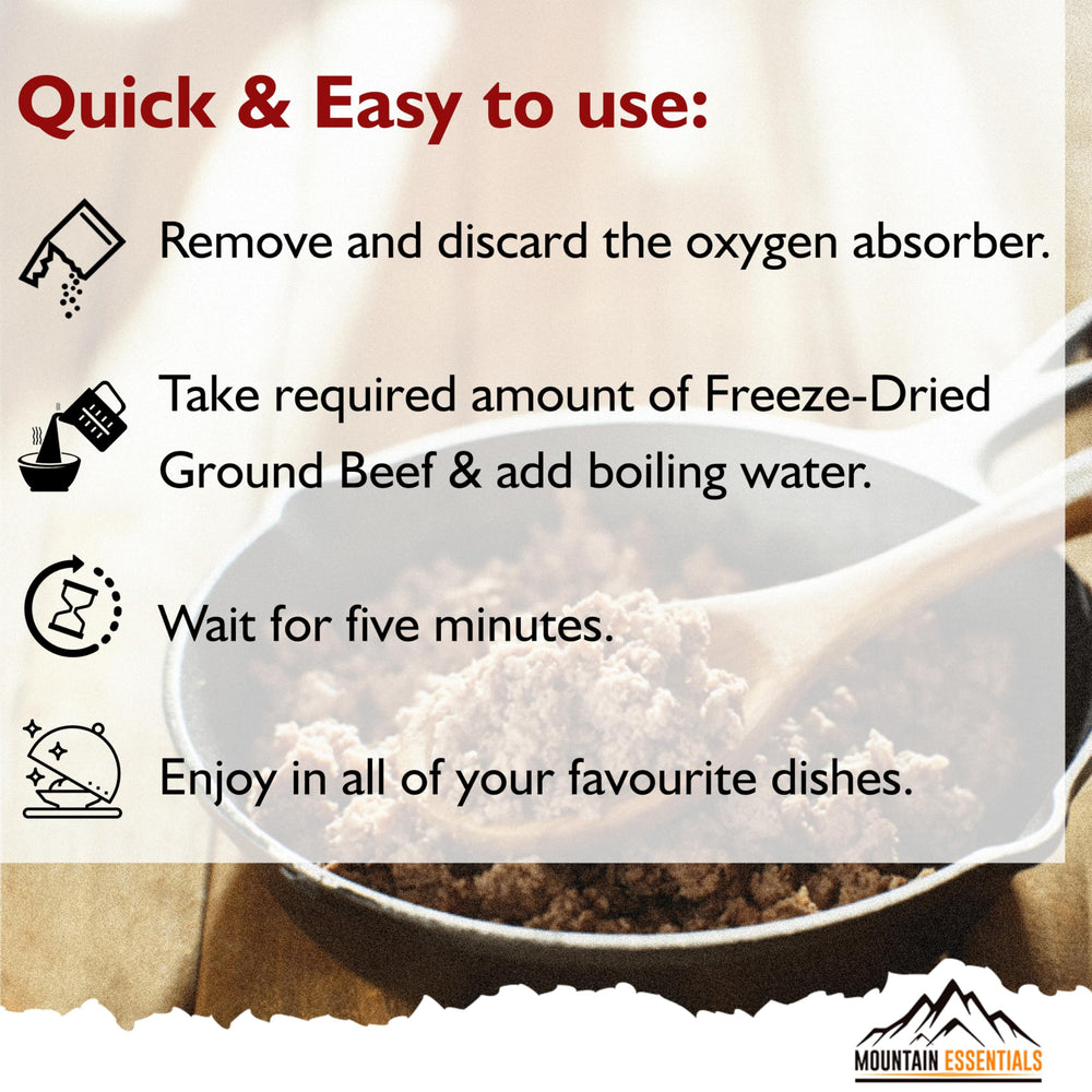 MOUNTAIN ESSENTIALS Freeze-Dried Ground Beef packaging showcases a 7-year shelf life.