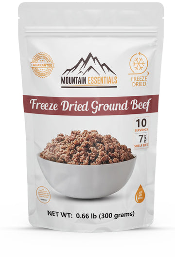MOUNTAIN ESSENTIALS Freeze-Dried Ground Beef package on shelf for long-term storage and quick meals.
