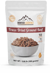 MOUNTAIN ESSENTIALS Freeze-Dried Ground Beef package on shelf for long-term storage and quick meals.