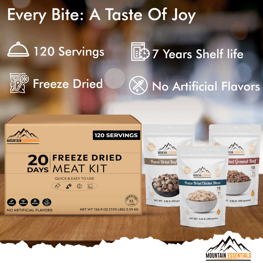 MOUNTAIN ESSENTIALS freeze-dried ground beef pouch back view for emergency prep.