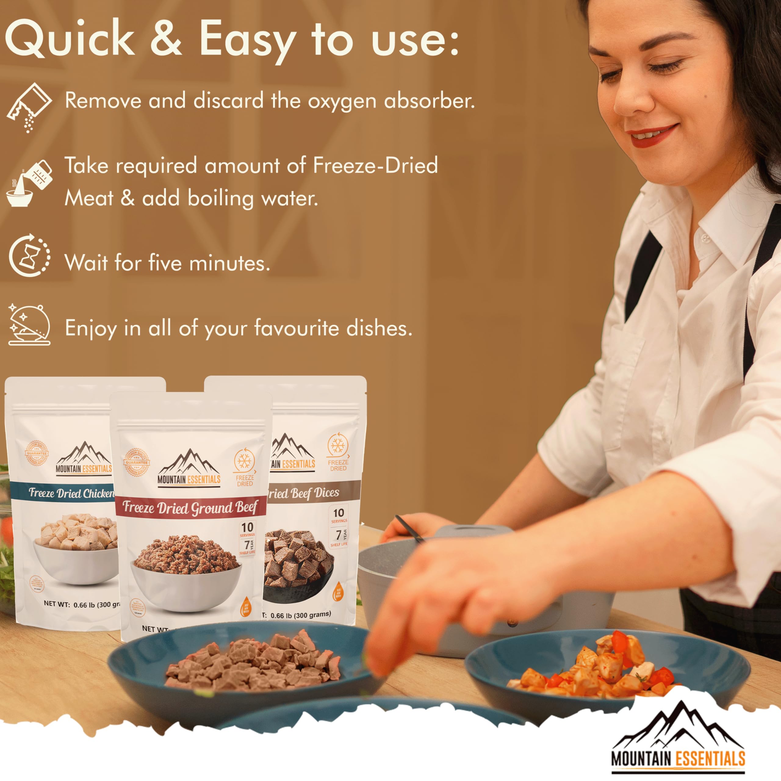 MOUNTAIN ESSENTIALS freeze-dried ground beef pouch front view for quick skillet meals.