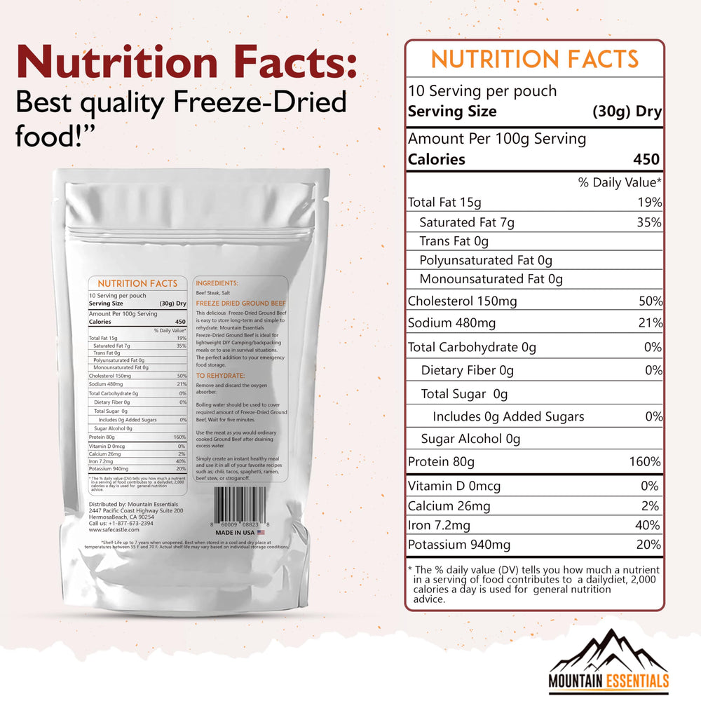 MOUNTAIN ESSENTIALS Freeze-Dried Ground Beef being rehydrated with boiling water for quick meals.