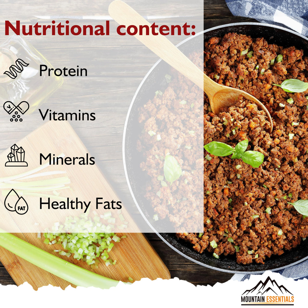 MOUNTAIN ESSENTIALS Freeze-Dried Ground Beef in spaghetti for convenient protein boost.