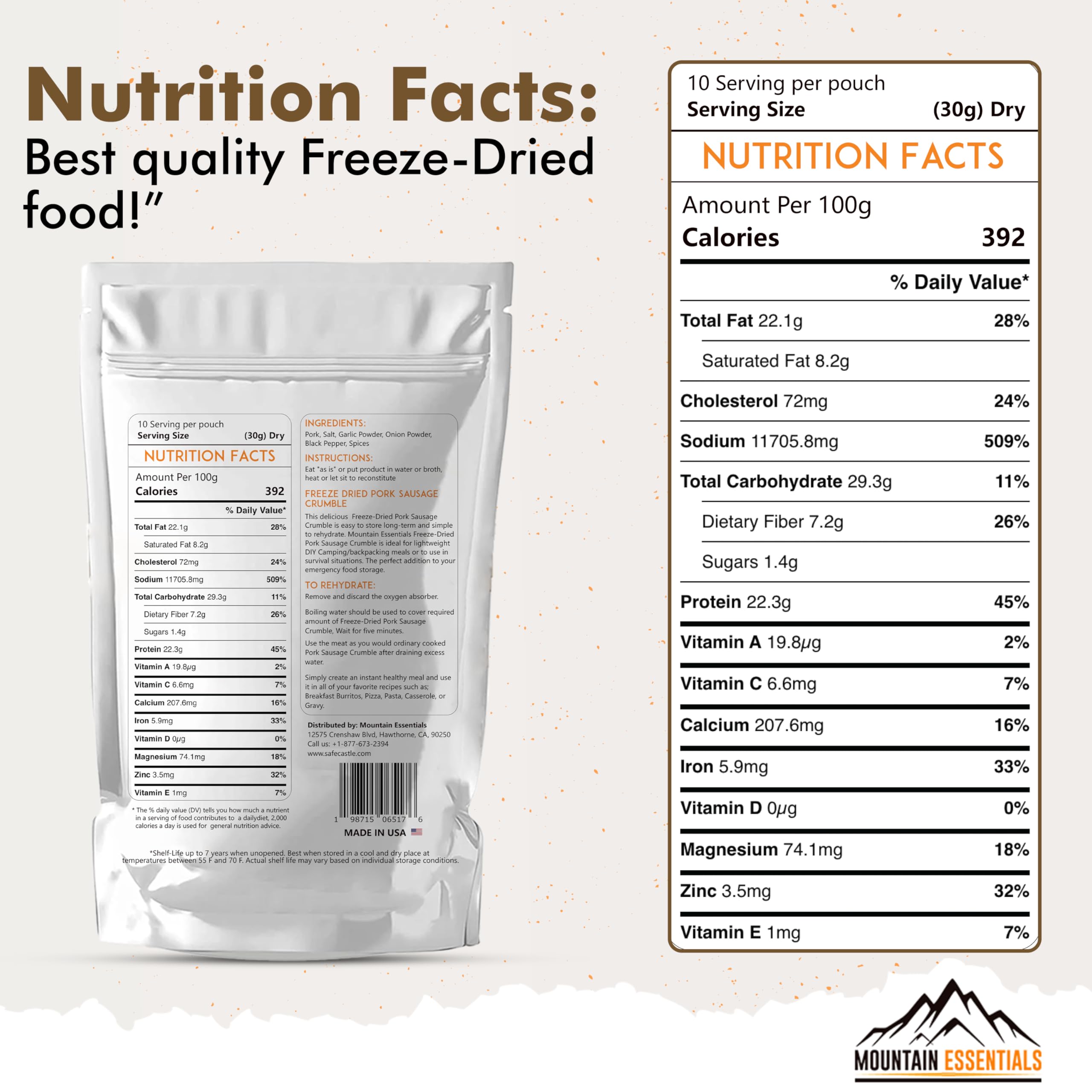 Mountain Essentials freeze-dried pork sausage crumble close-up shows texture and readiness