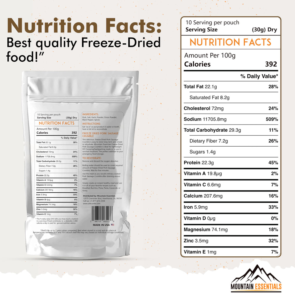 Mountain Essentials freeze-dried pork sausage crumble close-up shows texture and readiness