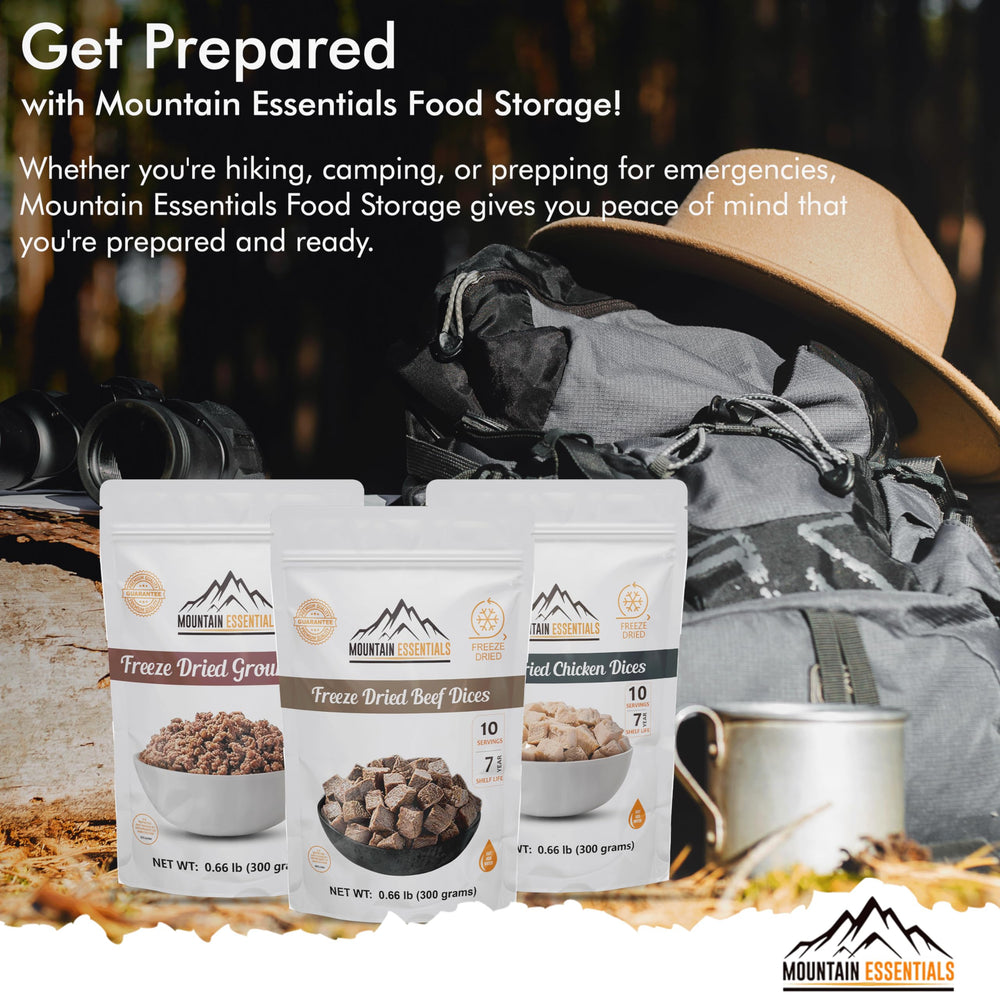 MOUNTAIN ESSENTIALS variety meat kit packaging for versatile camp cooking options.