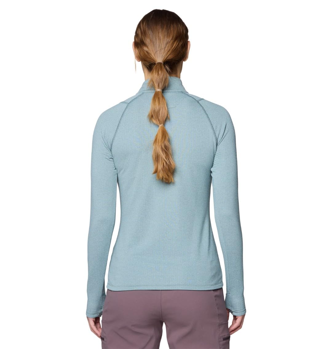 Mountain Hardwear Crater Lake half-zip blue-sage side view highlights breathable warmth.