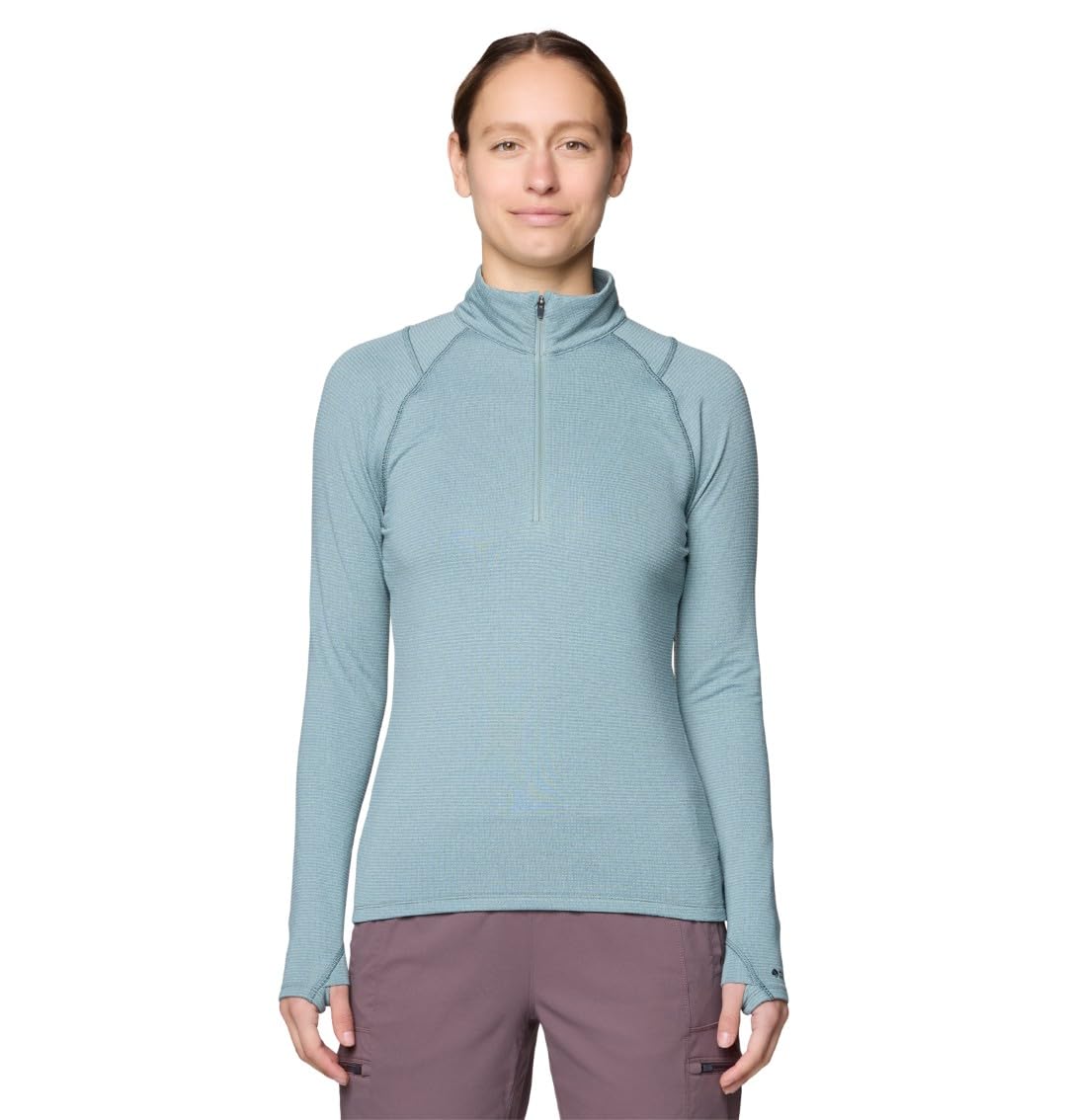 Mountain Hardwear Crater Lake heavyweight half-zip front view in Blue Sage highlights color and fit