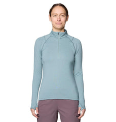 Mountain Hardwear Crater Lake heavyweight half-zip front view in Blue Sage highlights color and fit