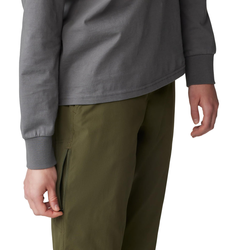 Mountain Hardwear Dynama Ankle Pant fabric closeup reveals UPF 50 protection and anti-odor fibers.