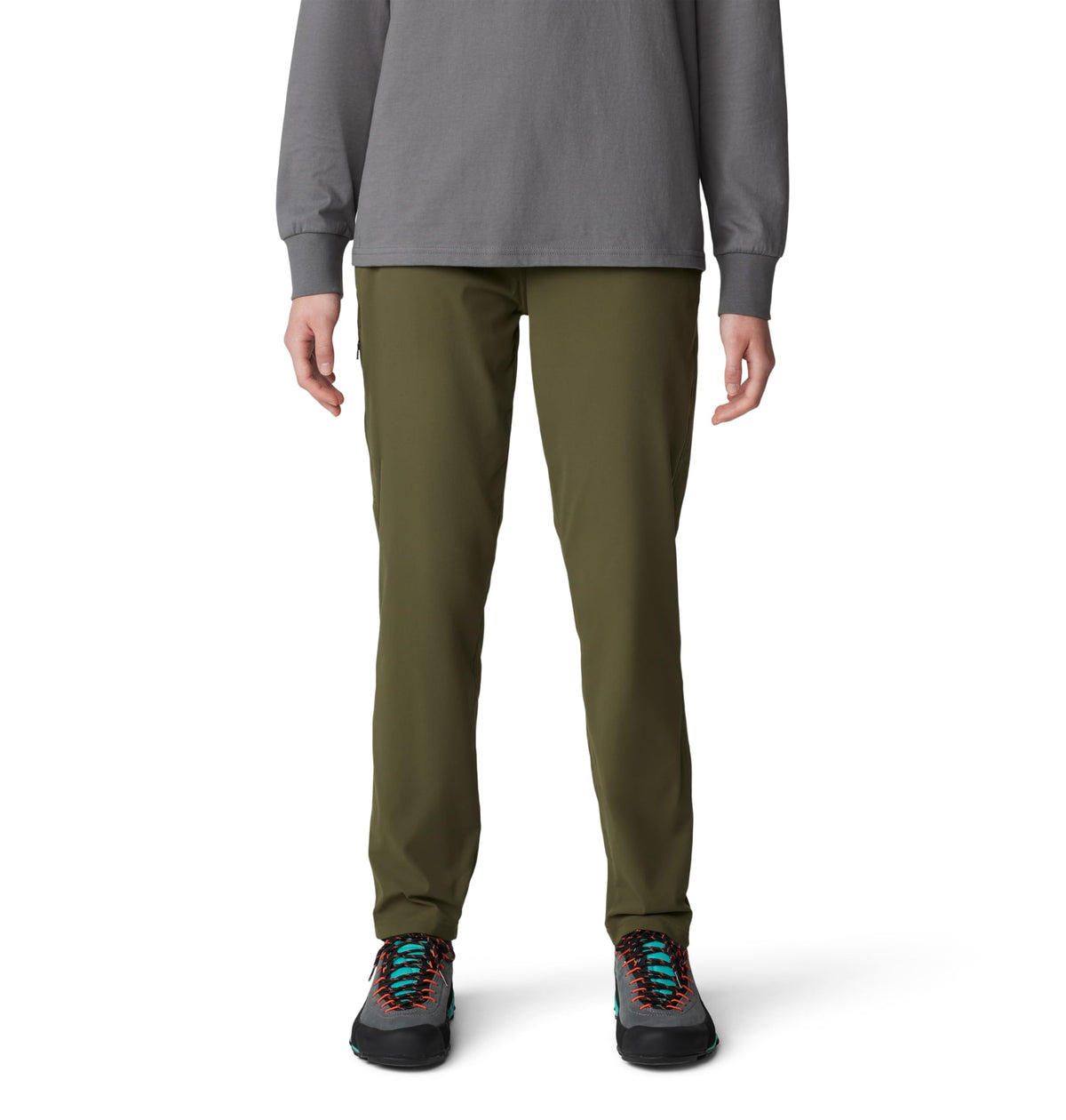 Mountain Hardwear Dynama Ankle Pant front view showing flexible stretch for all-day comfort.