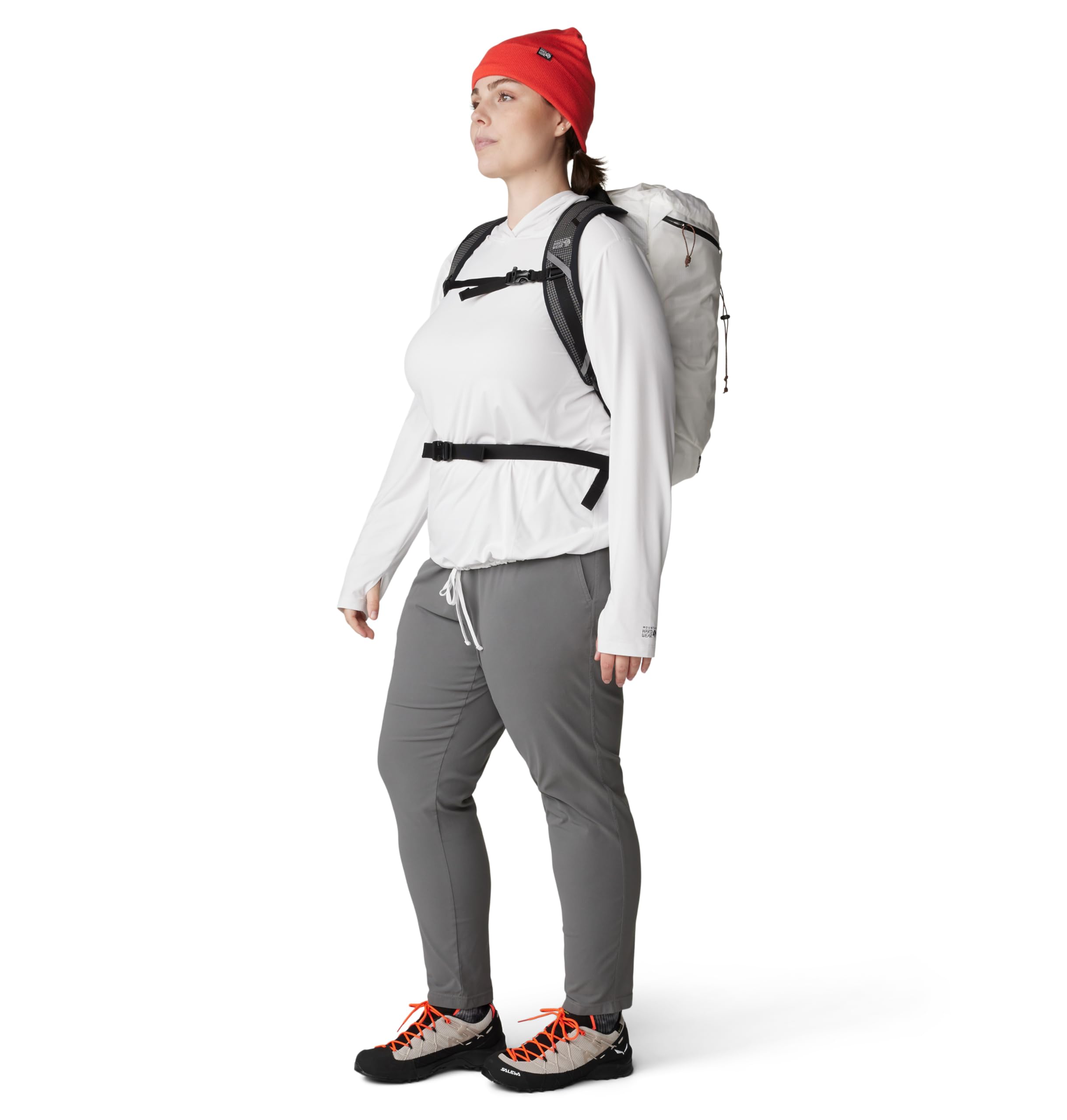 Mountain Hardwear Dynama Ankle Pant Sediment fabric texture close-up showcases UPF 50 and odor control.