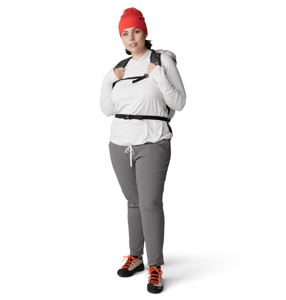Mountain Hardwear Dynama Ankle Pant Sediment on trail demonstrates performance in rugged terrain.