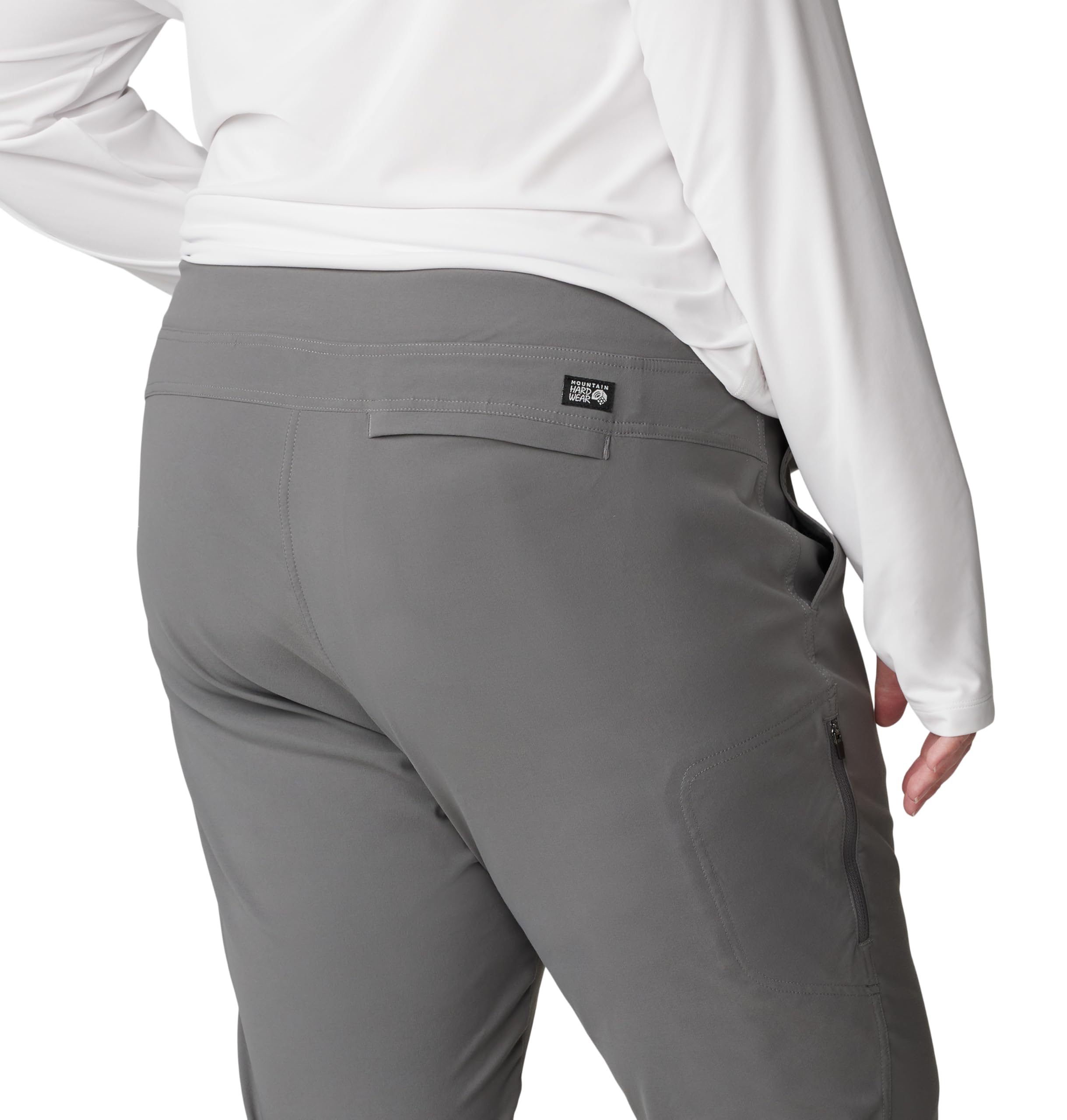 Mountain Hardwear Dynama Ankle Pant Sediment pocket close-up features a secure zip pocket.