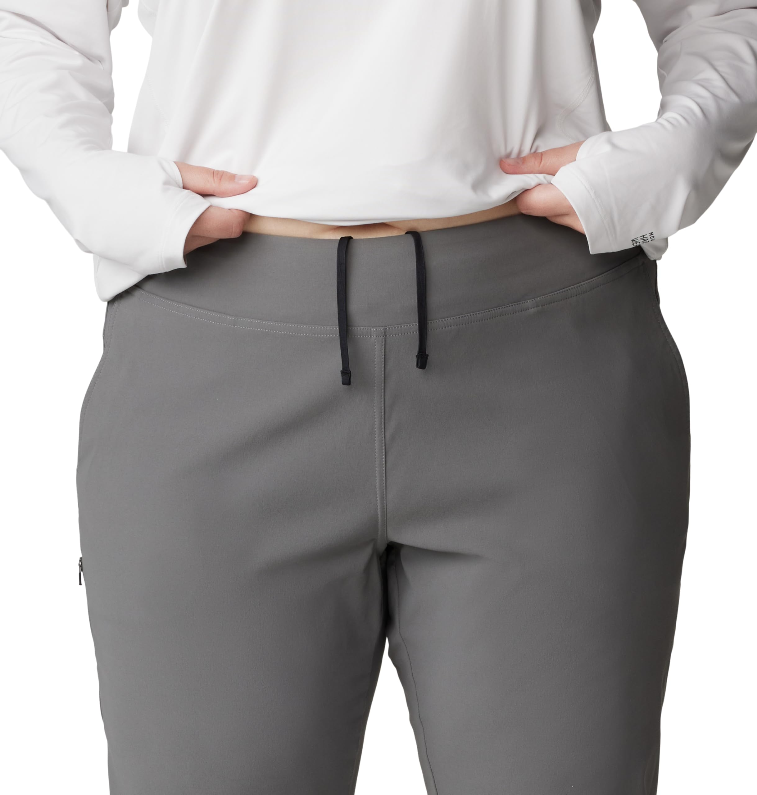 Mountain Hardwear Dynama Ankle Pant Sediment waistband close-up emphasizes adjustable fit and comfort.