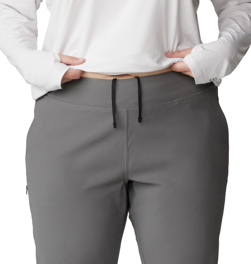 Mountain Hardwear Dynama Ankle Pant Sediment waistband close-up emphasizes adjustable fit and comfort.