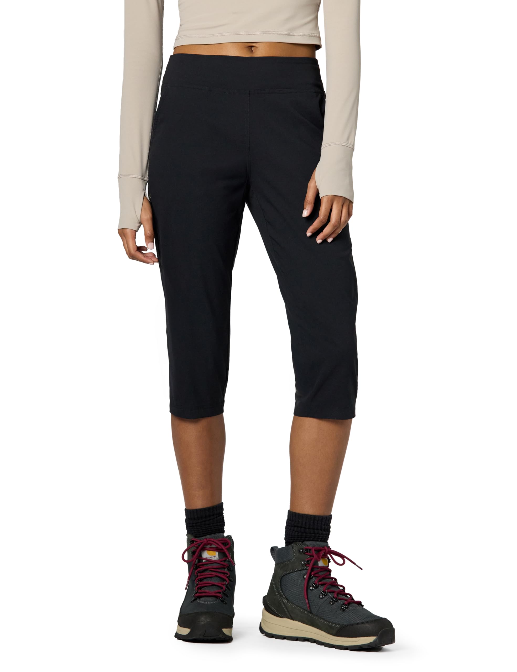 Mountain Hardwear Dynama Capri front view in black highlighting versatile everyday outdoor wear.