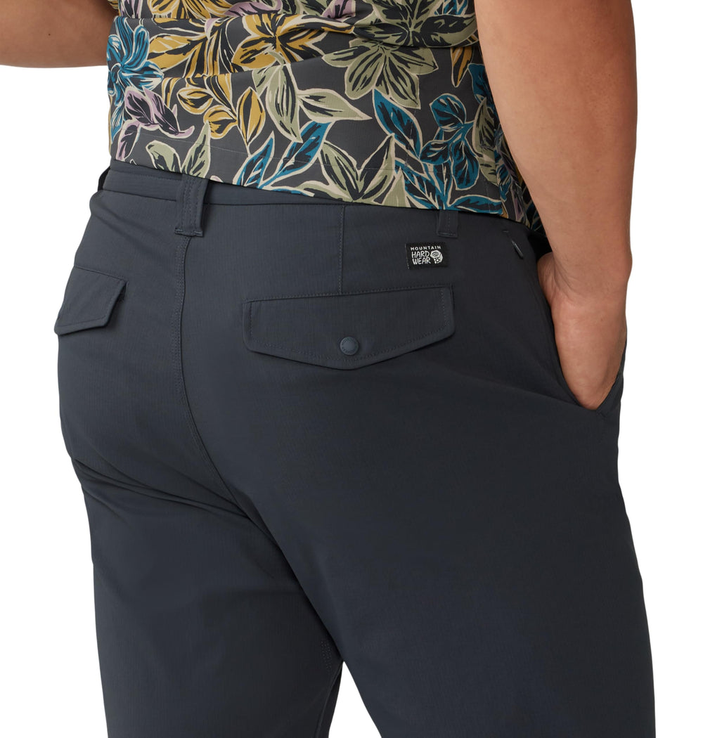 Mountain Hardwear Men's Explore Pant Dark Storm texture closeup displays abrasion-resistant ripstop