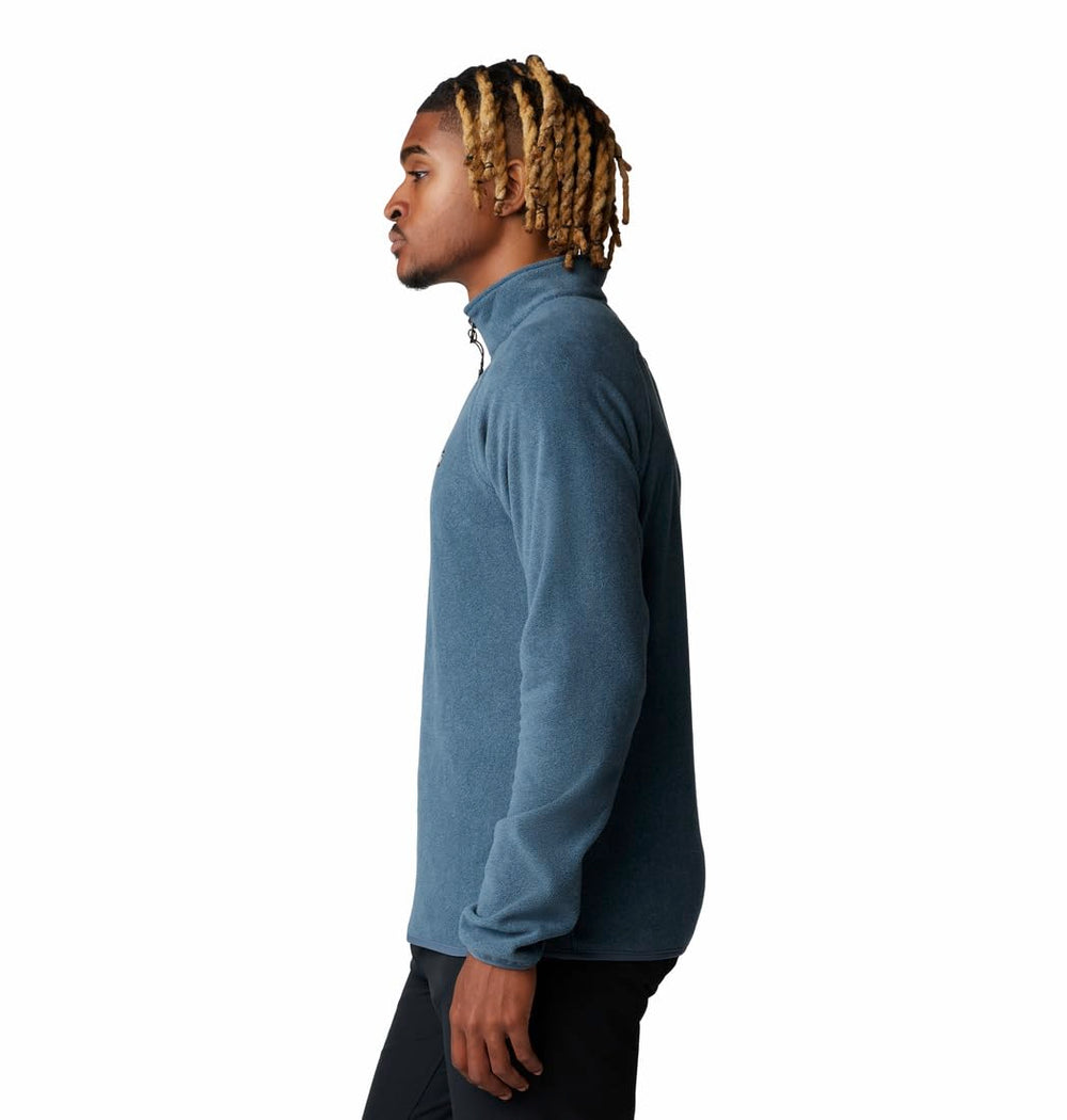 Mountain Hardwear MicroChill 1/4 Zip Pullover Montauk Blue Heather side wear demonstrates freedom of movement for layering.