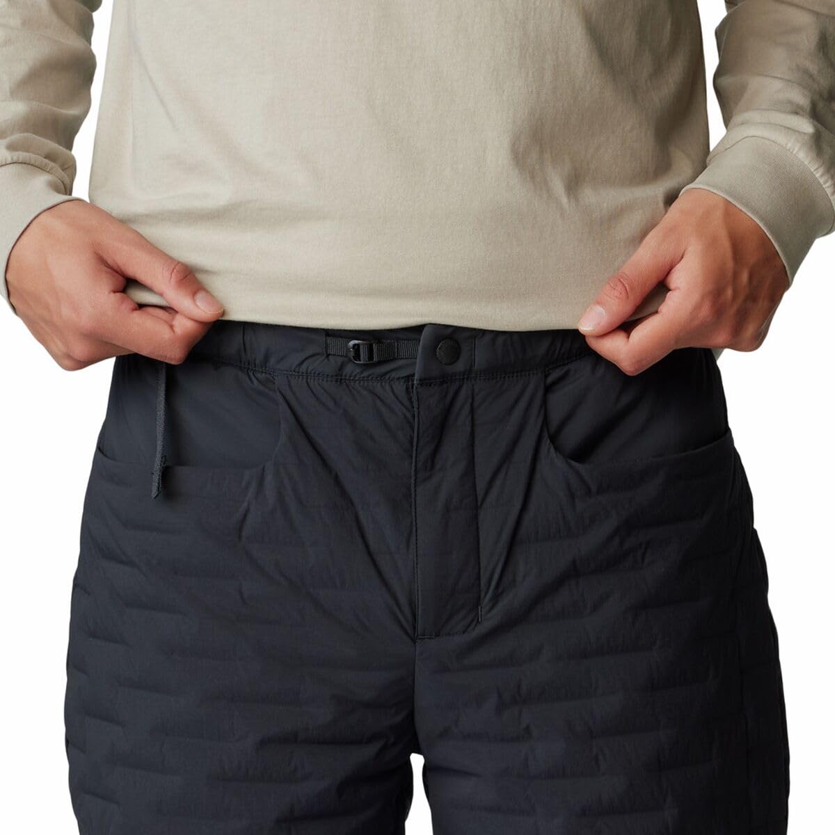 Mountain Hardwear StretchDown Light Pant insulation detail emphasizes 700-fill warmth.