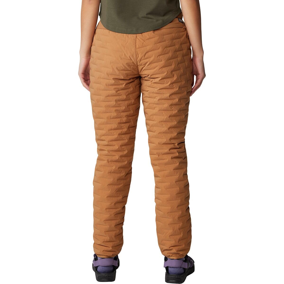Mountain Hardwear Women's Stretchdown Light Pant copper clay side view shows slim silhouette