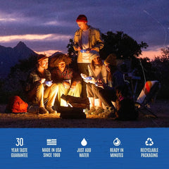 Mountain House beef lasagna cooking on camping stove demonstrates fast, heat-and-eat trail meal.
